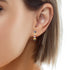 Close-up of a person's ear adorned with Multicolor Evil Eye Huggies Earrings Zirconia Stones, showcasing circular designs in black, white, red, yellow, and blue. The multicolor zirconia shimmers beautifully against their short, light brown hair.